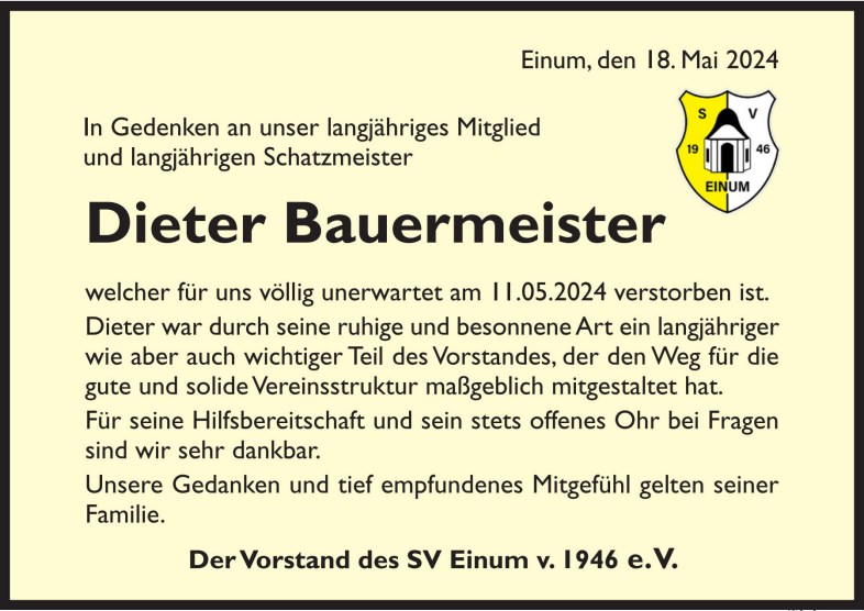 Dieter Bauermeister verstorben - Traueranzeige 