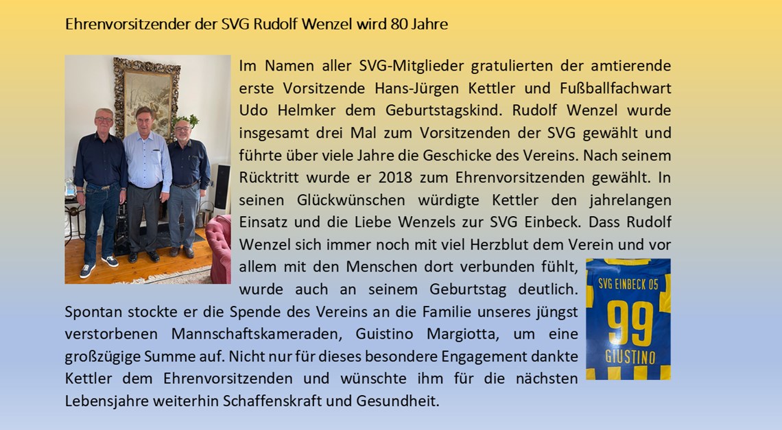Ehrenvorsitzender Rudi Wenzel wird 80