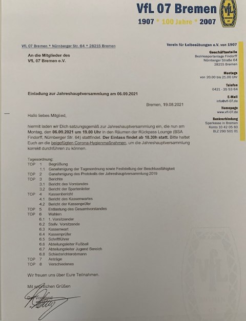 VfL 07 Jahreshauptversammlung 2020 am 06.09.2021 