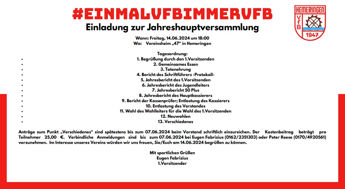 Einladung Jahreshauptversammlung VfB am 14.06.24