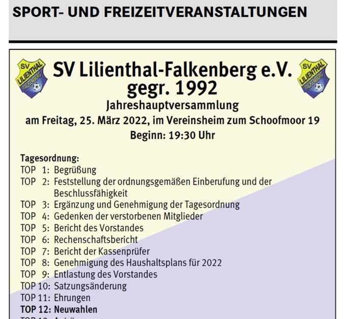 Jahreshauptversammlung des SV Lilienthal-Falken...