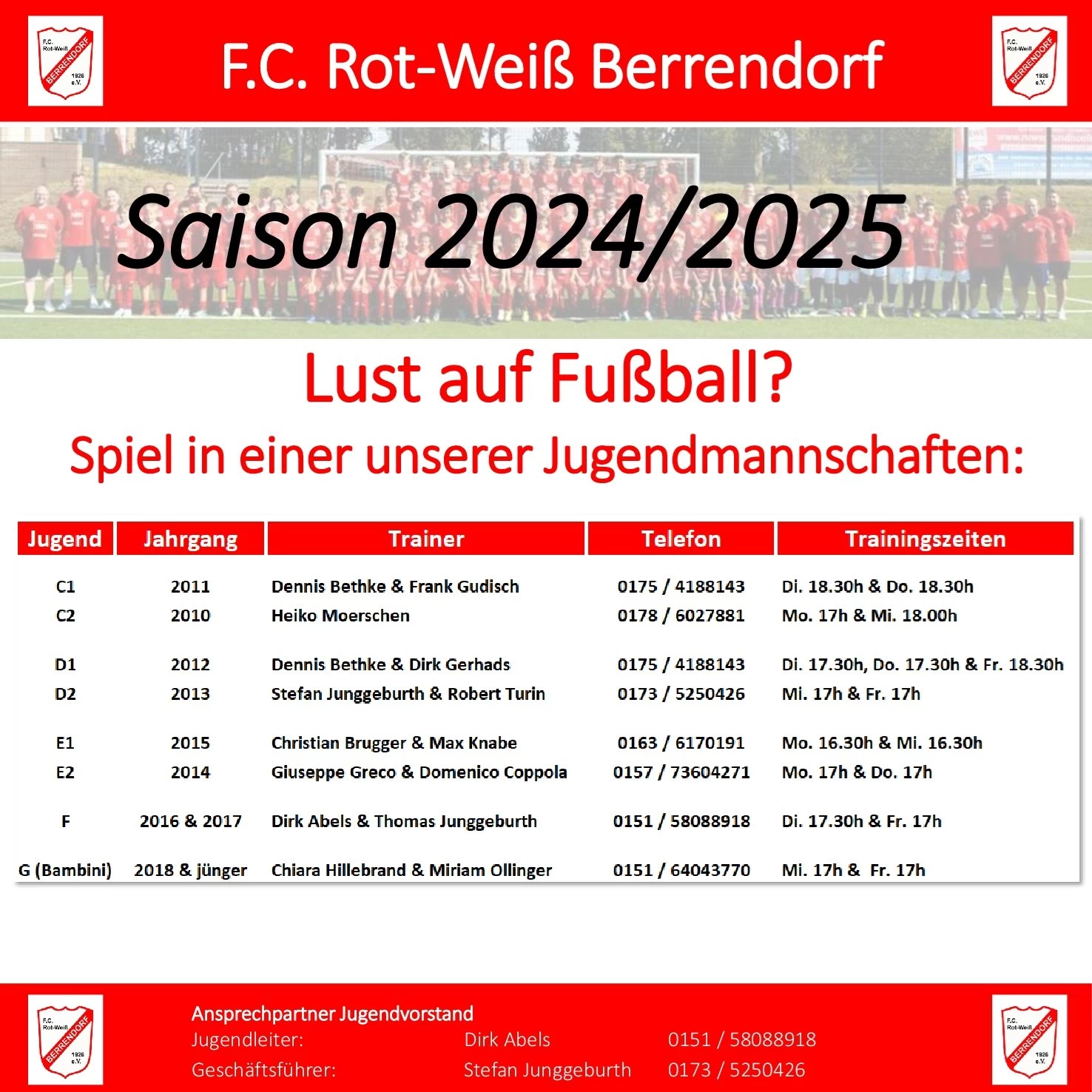 Junioren Teams und Trainingszeiten