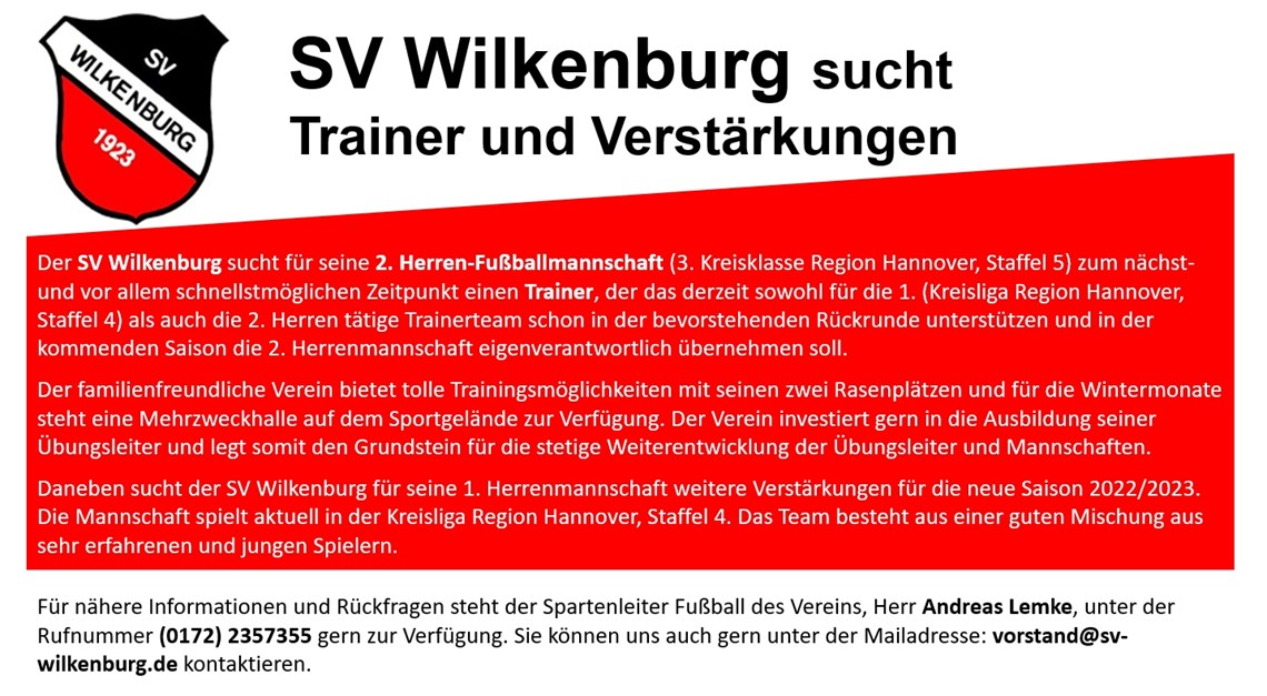 SV Wilkenburg sucht Trainer und Verstärkungen